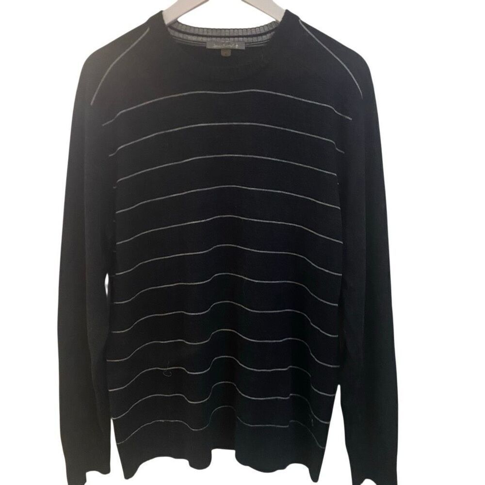 Smart wool striped long sleeve 100% merino wool sweater crew neck large charcoal